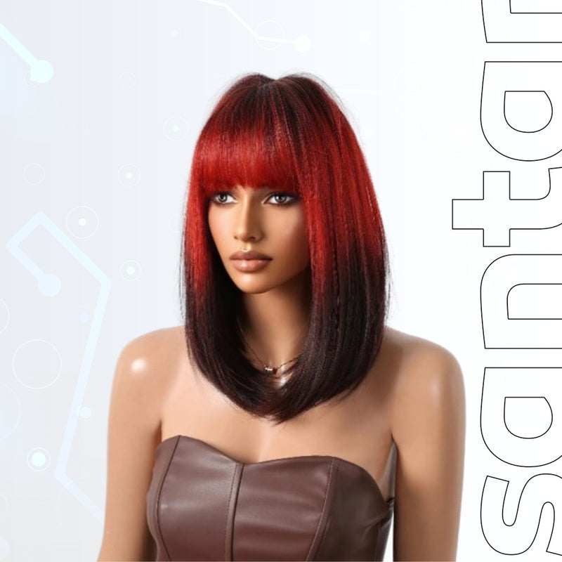 Ombre Black to Red Bob Wig - Synthetic Cosplay Short Straight Wig with Bangs