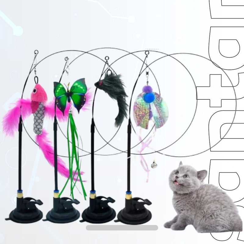 Pet Cat Toy - Interactive Wand with Fluffy Feather and Bell, Sucker Stick for Kitten Hunting and Exercise