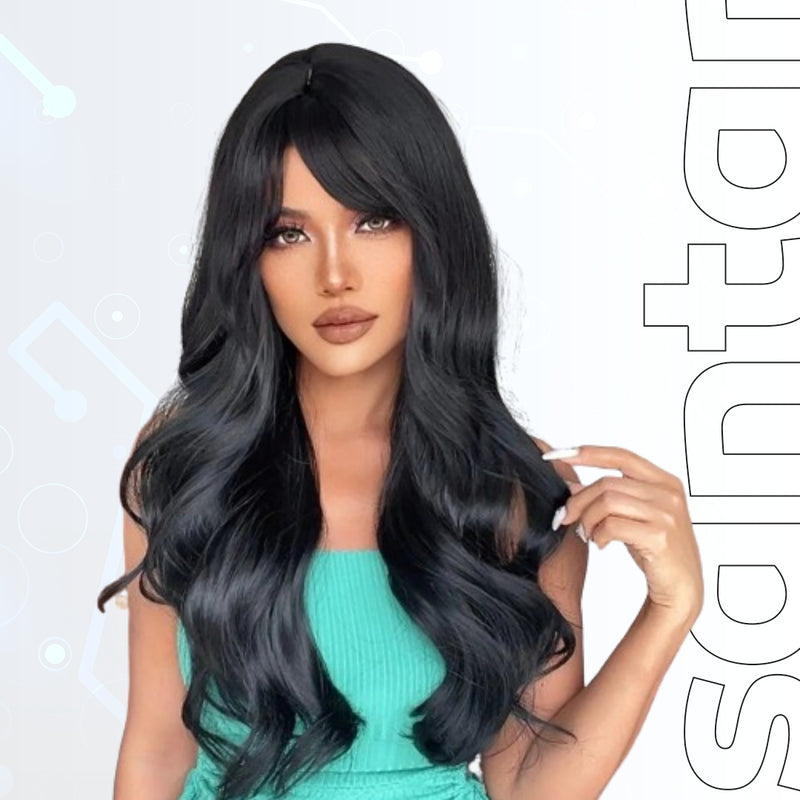 Long Black Wavy Synthetic Wig with Bangs - Heat Resistant