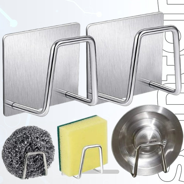 Stainless Steel Kitchen Sink Sponge Holder - Self-Adhesive Wall Hooks, Waterproof Drain Drying Rack, and Rag Organizer