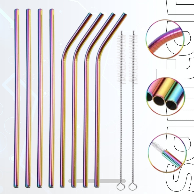 Rainbow Metal Straws Set - Reusable Stainless Steel Drinking Straws with Cleaner Brush