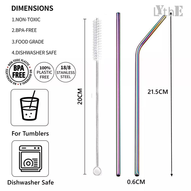 Rainbow Metal Straws Set - Reusable Stainless Steel Drinking Straws with Cleaner Brush