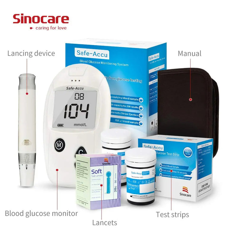 Sinocare Safe-Accu Blood Glucose Meter Kit - Diabetes Tester with 50/100 Test Strips and Lancets