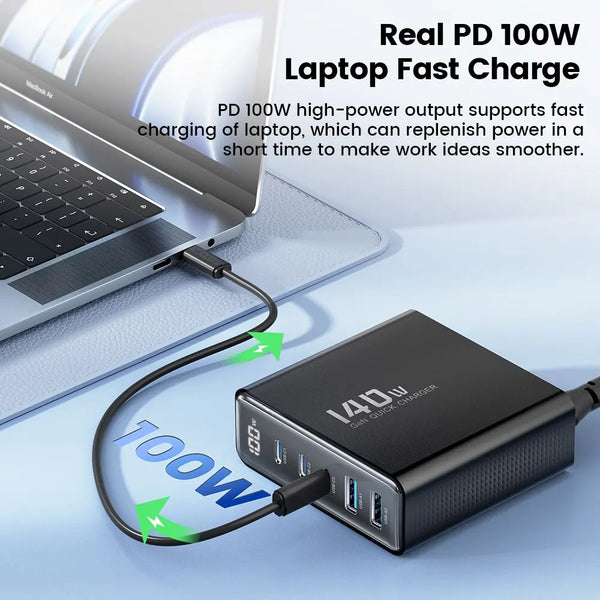 Toocki 140W GaN USB Charger - 5-in-1 Desktop Fast Charge with LED Display, USB Type-C for iPhone, Xiaomi, Smartphones, and Laptops