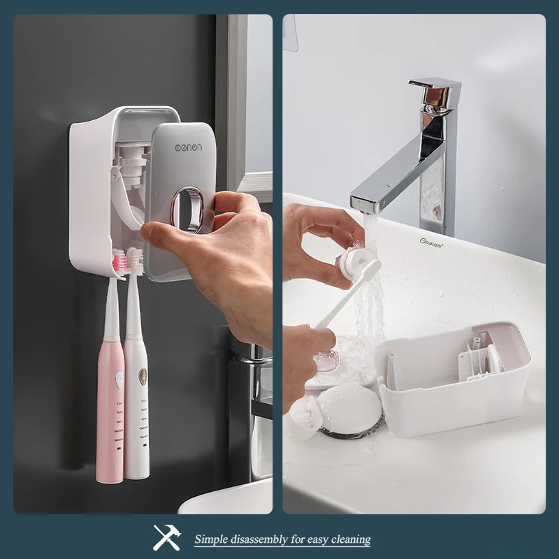 Automatic Toothpaste Dispenser and Toothbrush Holder - Wall-Mounted Bathroom Accessories Set