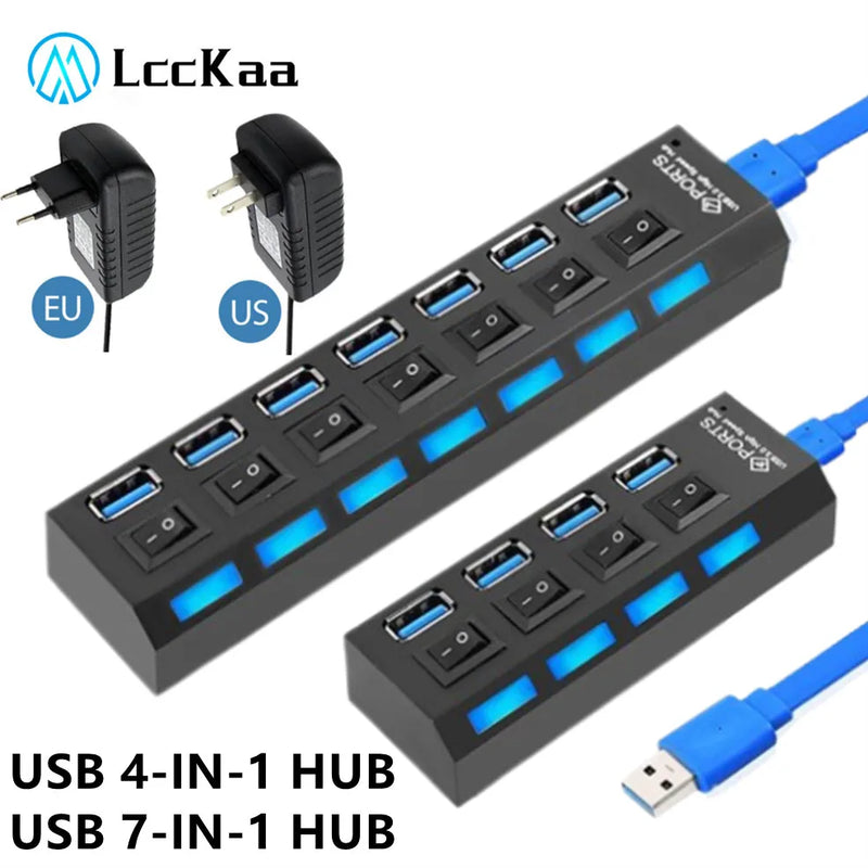 7-Port USB Hub Adapter with LED Lamp Switch