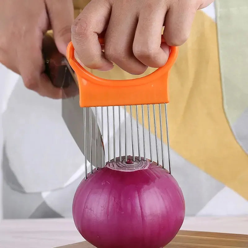 Effortlessly Slice Onions with this Colorful Stainless Steel Onion Slicer and Potato Chip Holder