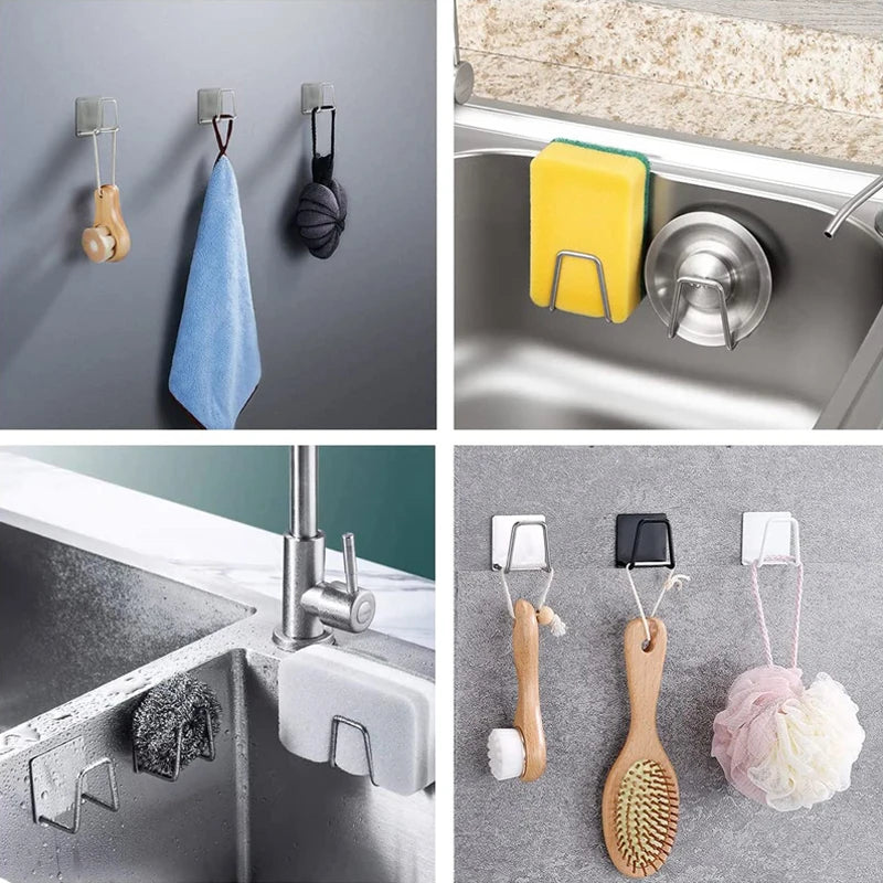 Stainless Steel Kitchen Sink Sponge Holder - Self-Adhesive Wall Hooks, Waterproof Drain Drying Rack, and Rag Organizer