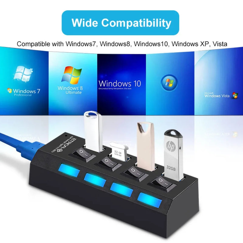 7-Port USB Hub Adapter with LED Lamp Switch