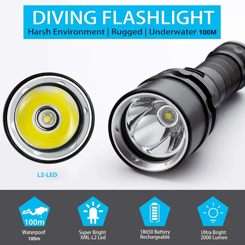 High Power Diving Flashlight, IP68 Waterproof, 18650 Battery with Hand Rope