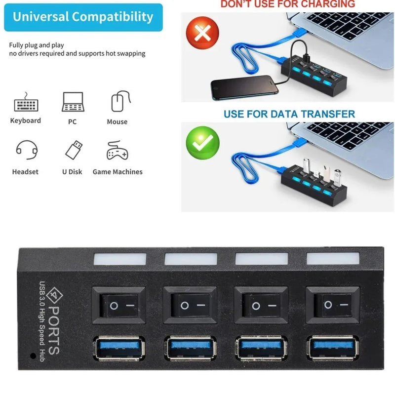 7-Port USB Hub Adapter with LED Lamp Switch