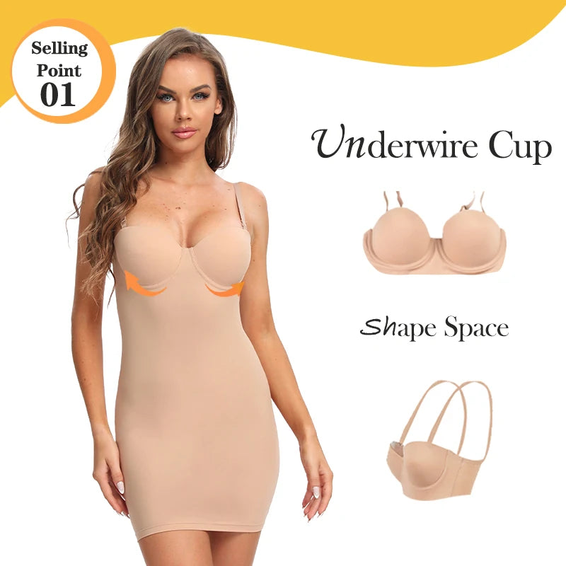 Slimming Full-Length Nude Shapewear Slip - Body Shaper, Underwire Cup, Black