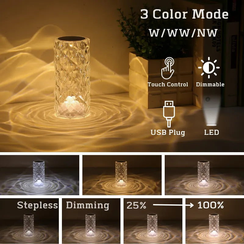 Crystal Table Lamp  Touch/Remote Dimmable Night Light USB LED