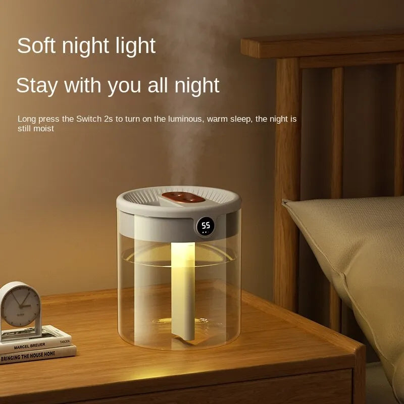 2L Double Spray Humidifier - USB Large Capacity with Mute Operation, Night Light, and Digital Display for Home, Bedroom, and Office