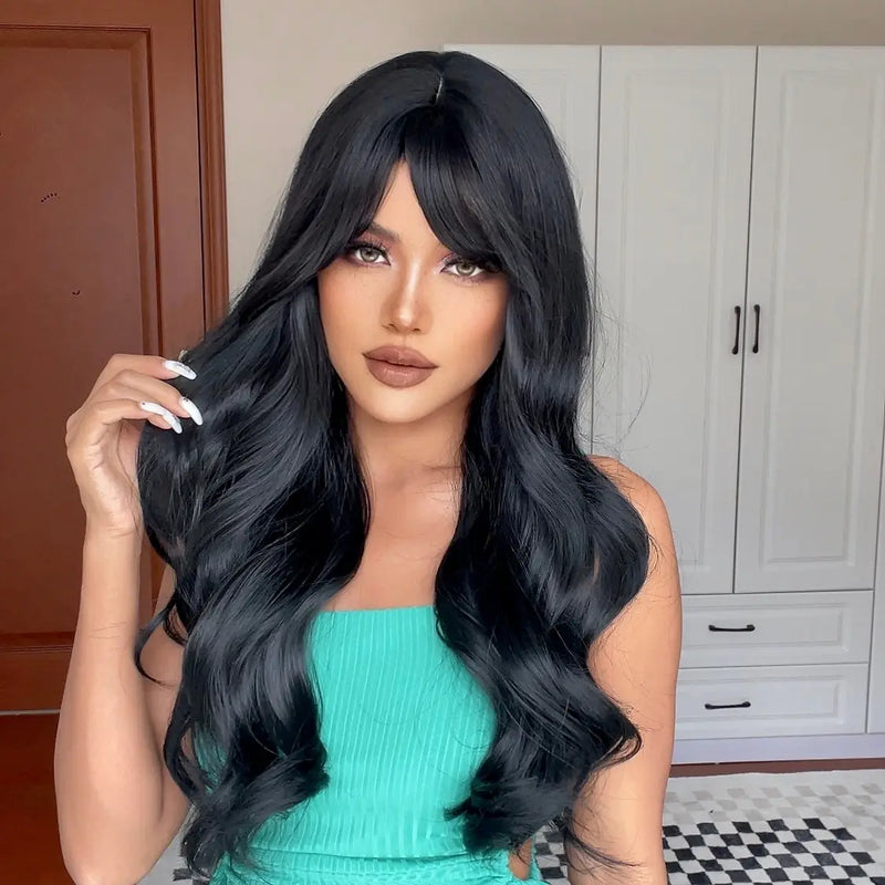 Long Black Wavy Synthetic Wig with Bangs - Heat Resistant