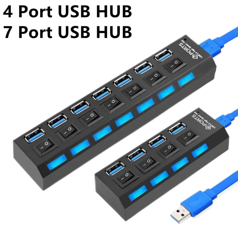 7-Port USB Hub Adapter with LED Lamp Switch