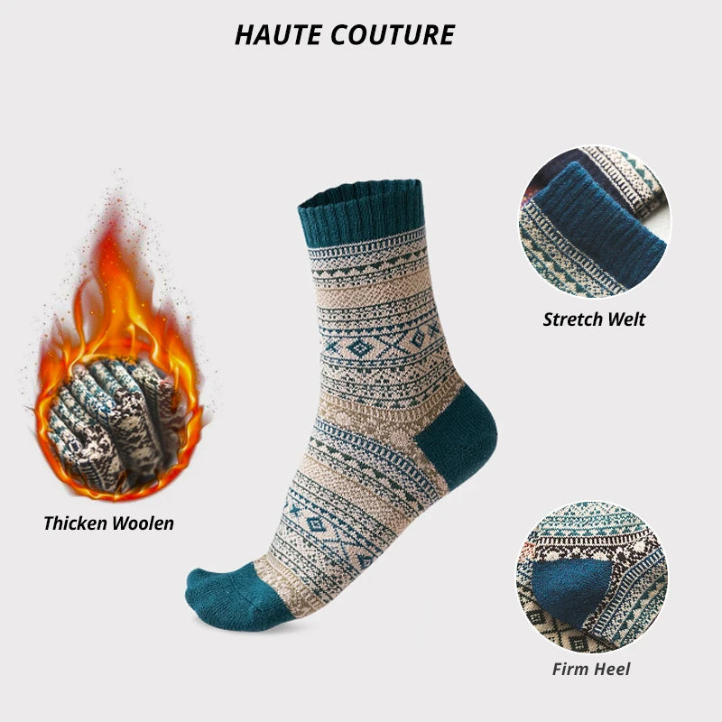 HSS 5 Pairs Men's Winter Wool Socks - Warm, Retro Style, Colorful, for Snow Boots