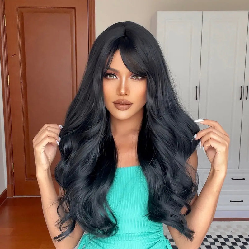 Long Black Wavy Synthetic Wig with Bangs - Heat Resistant