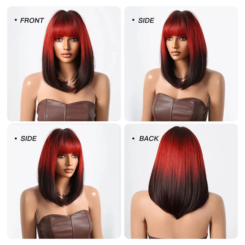 Ombre Black to Red Bob Wig - Synthetic Cosplay Short Straight Wig with Bangs