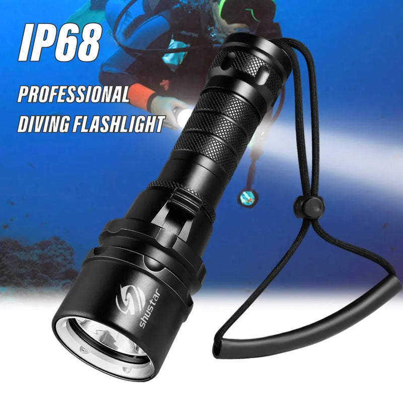 High Power Diving Flashlight, IP68 Waterproof, 18650 Battery with Hand Rope