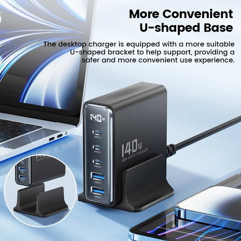 Toocki 140W GaN USB Charger - 5-in-1 Desktop Fast Charge with LED Display, USB Type-C for iPhone, Xiaomi, Smartphones, and Laptops