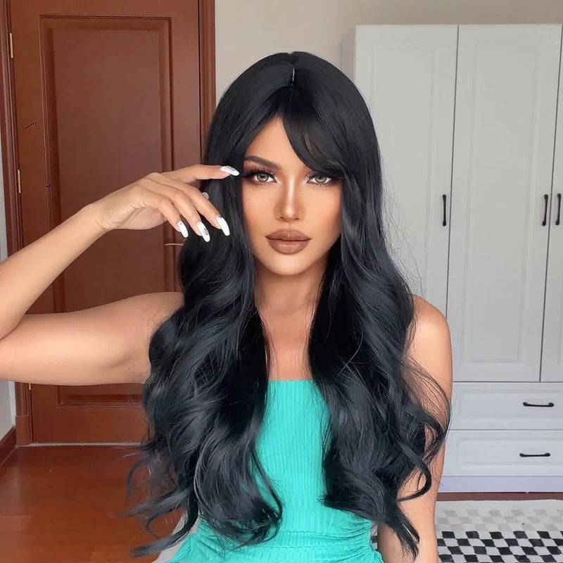 Long Black Wavy Synthetic Wig with Bangs - Heat Resistant