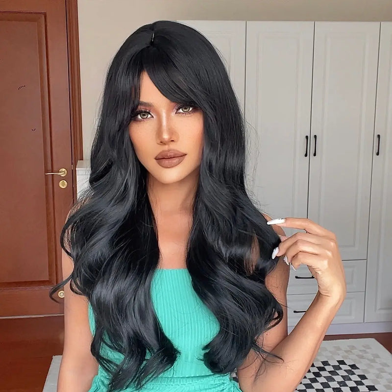 Long Black Wavy Synthetic Wig with Bangs - Heat Resistant