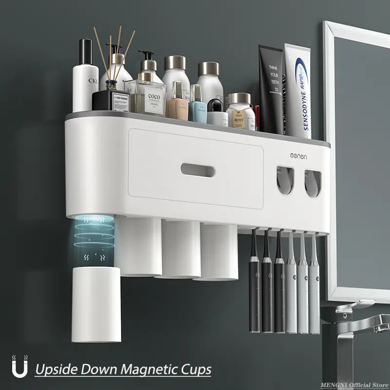 Magnetic Wall-Mounted Toothbrush Holder with Automatic Toothpaste Squeezer