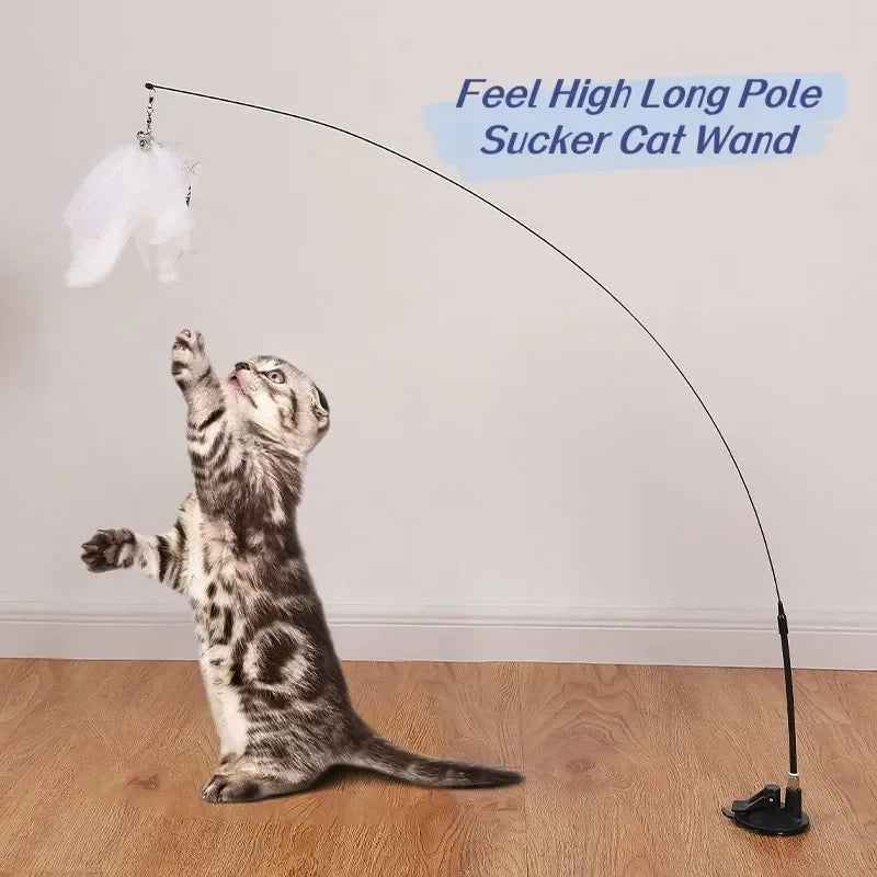 Pet Cat Toy - Interactive Wand with Fluffy Feather and Bell, Sucker Stick for Kitten Hunting and Exercise