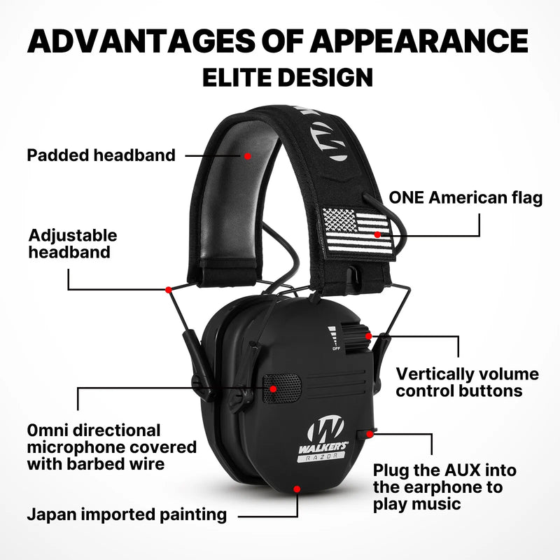 Walker's Razor Slim Electronic Earmuffs - Adjustable Hearing Protection for Shooting & Hunting