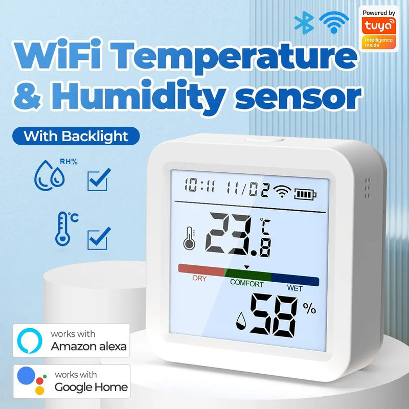 Tuya WiFi Temperature and Humidity Sensor - Smart Life Backlight Hygrometer Thermometer, Supports Alexa and Google Home Assistant