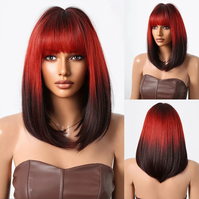 Ombre Black to Red Bob Wig - Synthetic Cosplay Short Straight Wig with Bangs