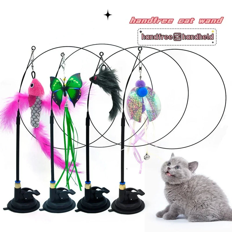 Pet Cat Toy - Interactive Wand with Fluffy Feather and Bell, Sucker Stick for Kitten Hunting and Exercise