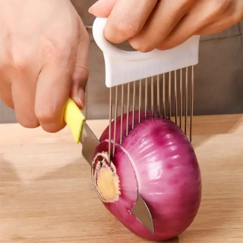 Effortlessly Slice Onions with this Colorful Stainless Steel Onion Slicer and Potato Chip Holder