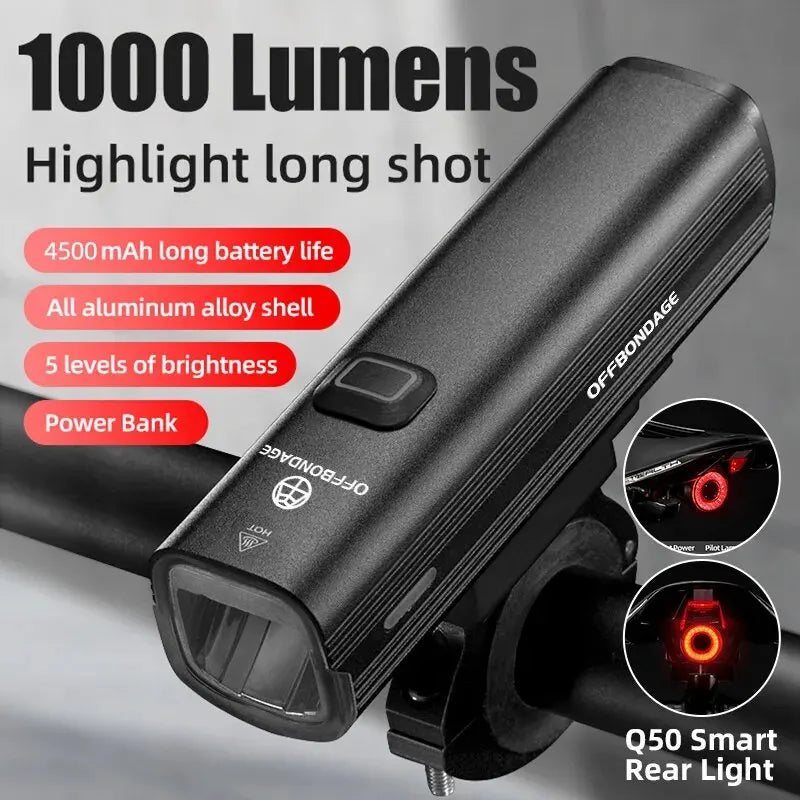 1000 Lumen Bicycle Headlight - USB Rechargeable Bike Light with Power Bank, Handlebar Mount for MTB and Road Cycling