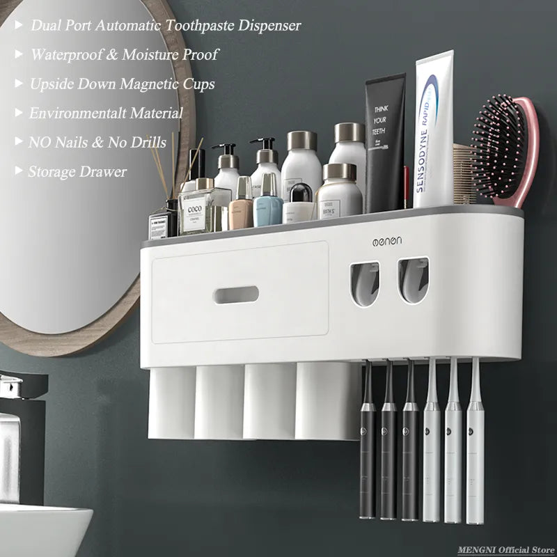 Magnetic Wall-Mounted Toothbrush Holder with Automatic Toothpaste Squeezer