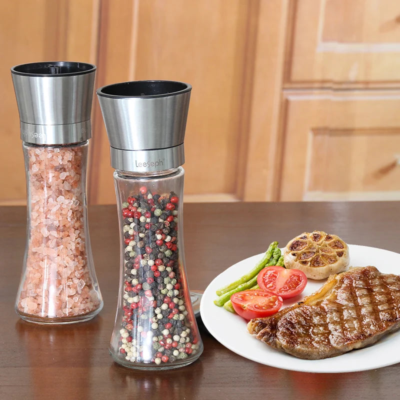 Leeseph 18/8 Stainless Steel Pepper Mill and Salt Mill - 6 Oz Glass Tall Body, Adjustable Ceramic Rotor