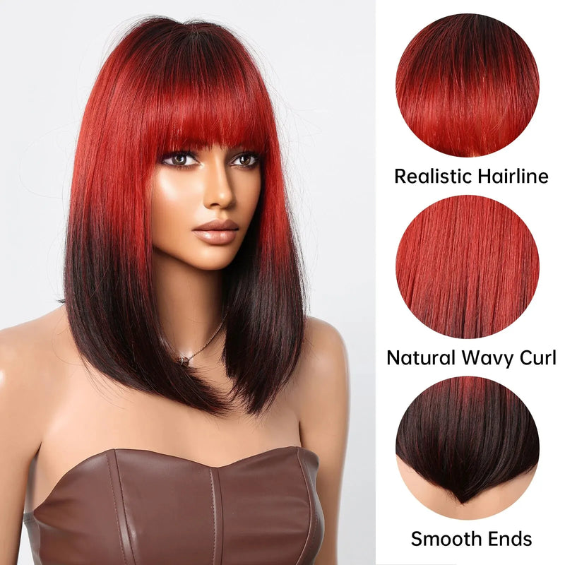 Ombre Black to Red Bob Wig - Synthetic Cosplay Short Straight Wig with Bangs