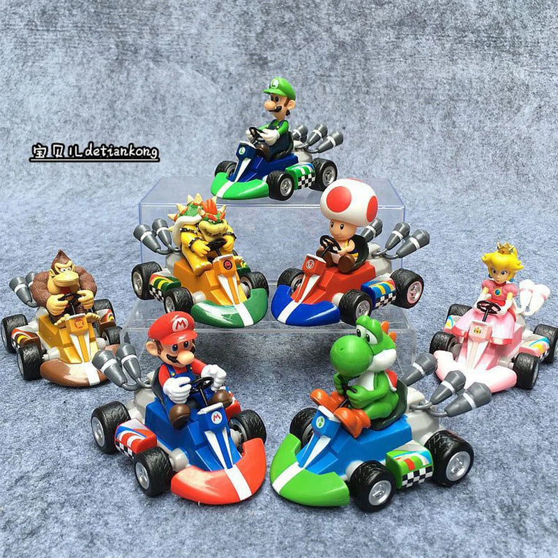 Mario Pull Back Car Toys - Green Yoshi, Donkey Kong, Bowser, Luigi, Toad, Princess Peach Figures for Kids