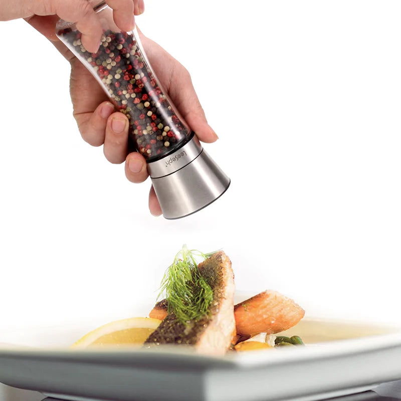 Leeseph 18/8 Stainless Steel Pepper Mill and Salt Mill - 6 Oz Glass Tall Body, Adjustable Ceramic Rotor