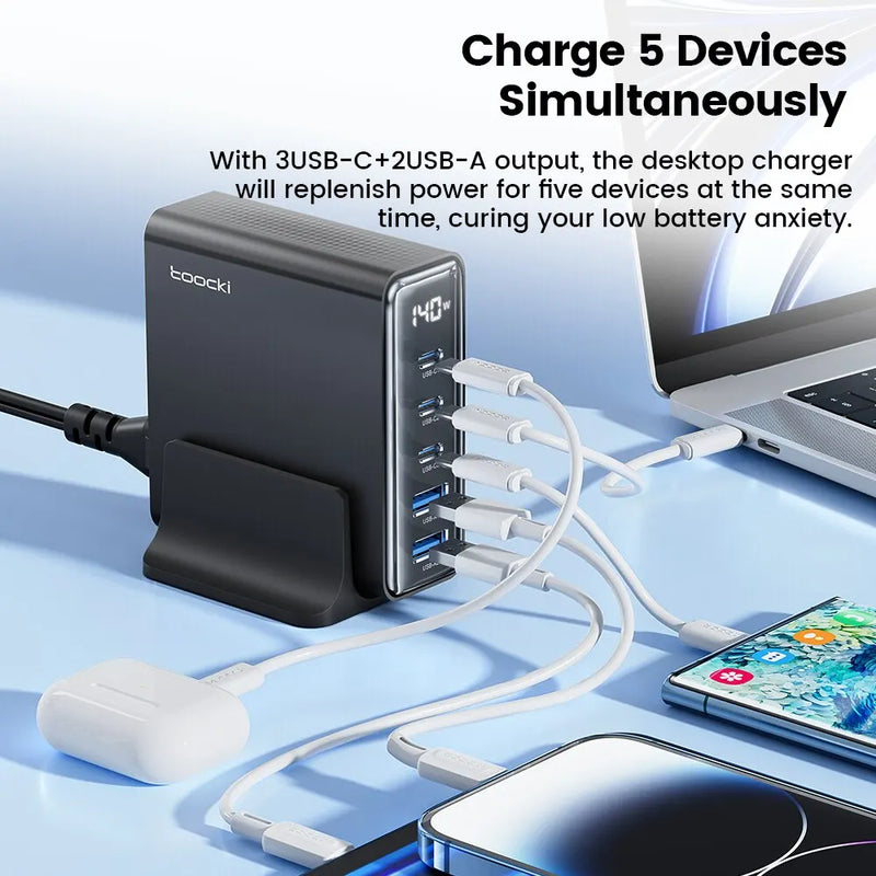 Toocki 140W GaN USB Charger - 5-in-1 Desktop Fast Charge with LED Display, USB Type-C for iPhone, Xiaomi, Smartphones, and Laptops