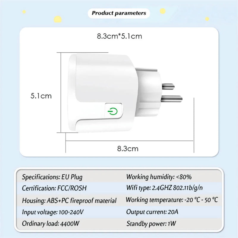 Smart Socket EU 16A/20A - WiFi Power Outlet with Alexa and Google Home Voice Control, AC100-240V, Tuya Smart Life APP