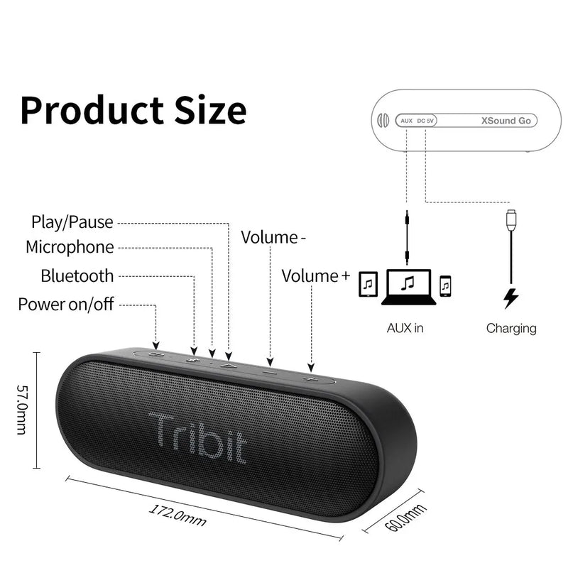 Tribit XSound Go Portable Bluetooth Speaker - IPX7 Waterproof, Better Bass, 24-Hour Playtime, Type-C & AUX