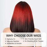Ombre Black to Red Bob Wig - Synthetic Cosplay Short Straight Wig with Bangs