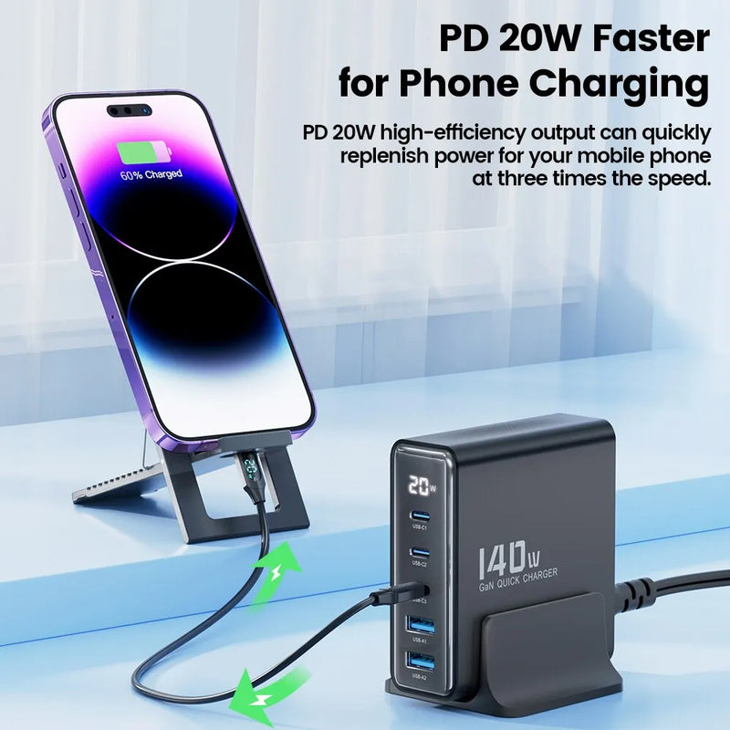Toocki 140W GaN USB Charger - 5-in-1 Desktop Fast Charge with LED Display, USB Type-C for iPhone, Xiaomi, Smartphones, and Laptops