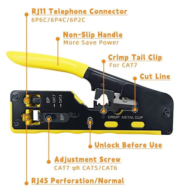 Multifunctional Network Pliers Crimping Tool - EZ Crimp Tool for CAT5, CAT6, CAT7, RJ11, RJ12, and RJ45