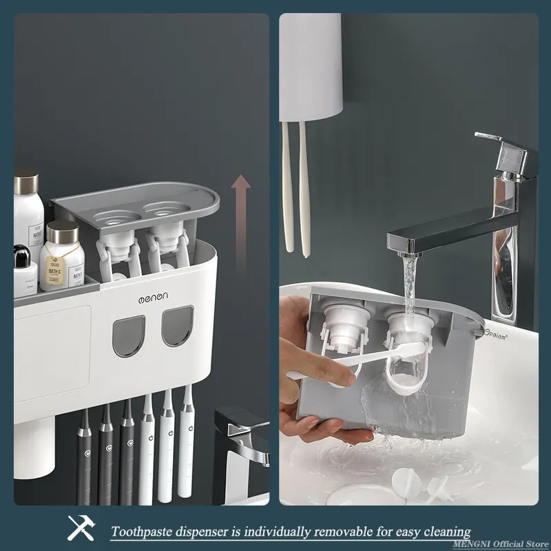 Magnetic Wall-Mounted Toothbrush Holder with Automatic Toothpaste Squeezer