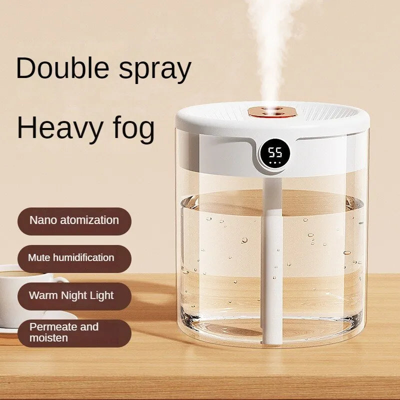 2L Double Spray Humidifier - USB Large Capacity with Mute Operation, Night Light, and Digital Display for Home, Bedroom, and Office