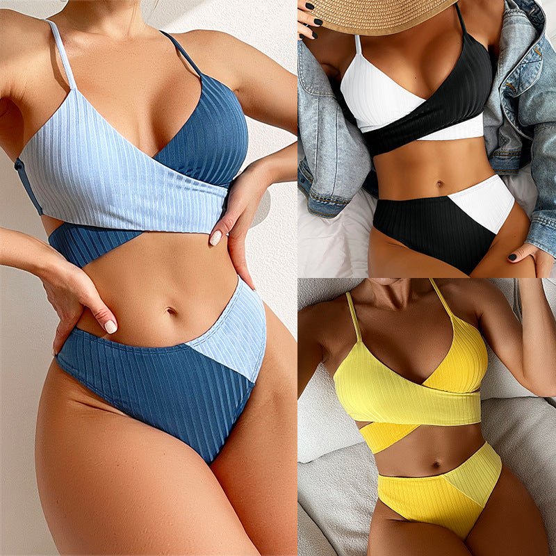 Bikini Patchwork Swimwear Ribbed Women's Swimsuit Knot Back Beachwear Ruched Butt Biquinis Bathing Suits - SANTARELLA