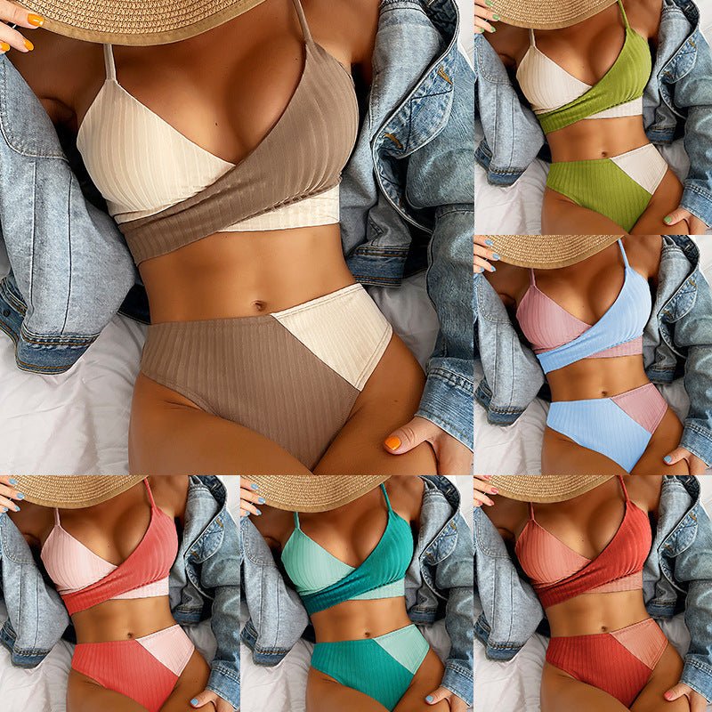 Bikini Patchwork Swimwear Ribbed Women's Swimsuit Knot Back Beachwear Ruched Butt Biquinis Bathing Suits - SANTARELLA